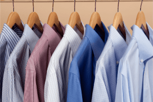 Seven collared dress shirts in various colors and patterns, including stripes and solid blue, hanging neatly on wooden hangers from a metal rod.