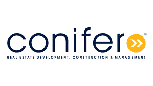 Conifer logo with the text "conifer" and two yellow arrows, and the tagline "Real Estate Development, Construction & Management" below.