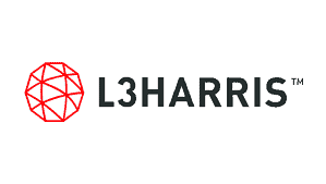 L3Harris logo featuring a red geometric globe design to the left of the company name in bold black letters on a white background.