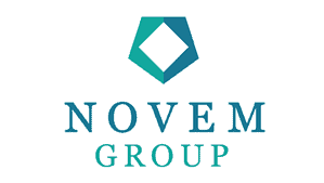 Novem Group logo featuring a teal geometric shape above the company name in blue and green capital letters on a white background.