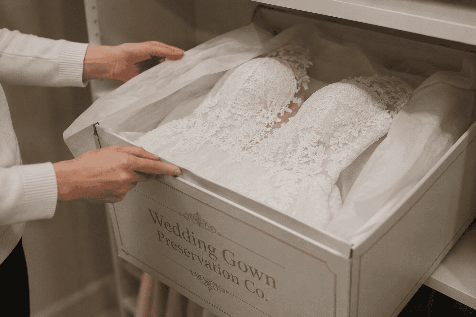 A person places a lace wedding dress into a preservation box labeled "Wedding Gown Preservation Co." on a closet shelf.