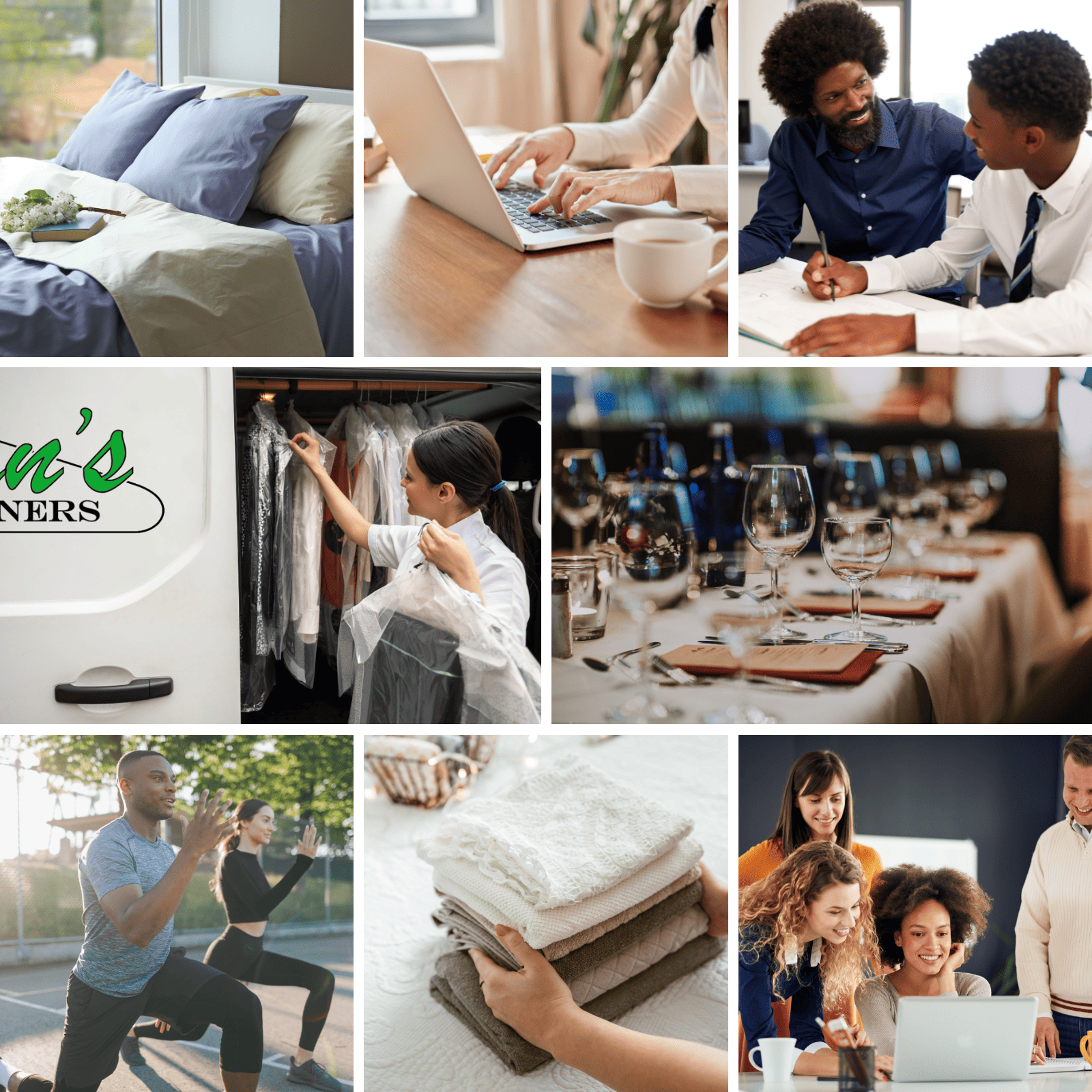A collage depicting various activities: making a bed, typing on a laptop, a business meeting, dry cleaning, a set dining table, outdoor exercise, folding towels, and a group meeting.