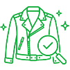 Green outline drawing of a jacket with a magnifying glass and checkmark, suggesting quality inspection or approval.