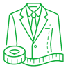 Line drawing of a suit jacket, shirt, and tie with a measuring tape in front, suggesting tailoring or custom clothing services.
