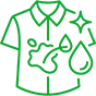 Line drawing of a shirt with a stain, a water droplet, and a sparkle icon, representing stain removal or cleaning.