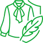 Green line drawing of a long-sleeve blouse with a necktie, next to a leaf, suggesting environmentally friendly or sustainable clothing.