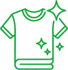 Green line drawing of a folded t-shirt with sparkles, suggesting cleanliness or freshness.
