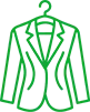 Simple green line drawing of a suit jacket on a hanger.