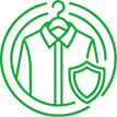 Green line drawing of a collared shirt on a hanger inside a circular border, with a shield symbol overlapping the lower right side of the shirt.
