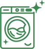 Green outline illustration of a washing machine with sparkling clean symbols, suggesting cleanliness or eco-friendly laundry.