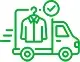 Green line drawing of a delivery truck carrying a hanging shirt, with motion lines and a check mark above the cab.