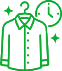 Green line drawing of a button-up shirt on a hanger with a clock and sparkles, indicating clean, freshly laundered clothes and time management.