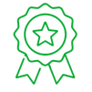 Green outline of a ribbon badge with a star in the center, symbolizing an award or achievement, on a light background.