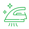 Green line drawing of a steam iron with two sparkle icons, indicating cleanliness or freshness.