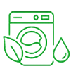 Green outline of a washing machine with a leaf and a water droplet, symbolizing eco-friendly or energy-efficient laundry.