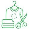 Line drawing of a shirt on a hanger with a patch, a pair of scissors, a button, and two folded towels, representing clothing repair or tailoring.