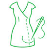 Simple line drawing of a dress being sewn with a needle and thread, illustrating clothing repair or tailoring.