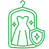 Green line drawing of a dress on a hanger in a garment bag with a shield symbol, suggesting protection or care for clothing.