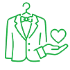 Green line drawing of a suit jacket on a hanger, a hand, and a heart symbol, suggesting care or service related to clothing.