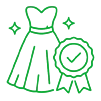 Green line drawing of a dress with sparkles and a check-mark award ribbon, representing certified or approved clothing.