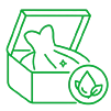 Line drawing of a dress in a box with a leaf and water droplet symbol in front, suggesting eco-friendly or sustainable clothing.