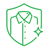 Green outline of a dress shirt inside a shield with a sparkle icon, representing cleanliness or garment protection.