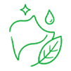 Green line drawing of a sparkling clean cloth, a water droplet, and a leaf, symbolizing eco-friendly and effective cleaning.