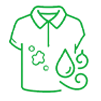 Line drawing of a shirt with stains, a water droplet, and a swirl, representing stain removal or laundry cleaning.