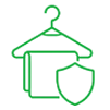 Green outline icon of a clothes hanger with a towel and a shield symbol in front, suggesting protection or care for garments.