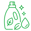 Green line drawing of a detergent bottle with leaves, a water droplet, and sparkles, representing eco-friendly or natural cleaning products.