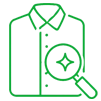 Green line drawing of a collared shirt with a magnifying glass showing a sparkle, representing cleanliness or inspection.