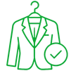Green outline of a suit jacket on a hanger with a checkmark symbol in the lower right corner.