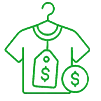 Outline of a t-shirt on a hanger with a price tag and a dollar sign, representing clothing for sale or clothing pricing.