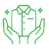 Green line drawing of two hands holding a neatly folded shirt with sparkles, symbolizing cleanliness and care.